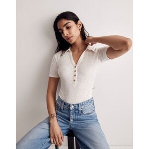 Madewell | Cream Ribbed Short-Sleeve Polo Thong Bodysuit | Medium